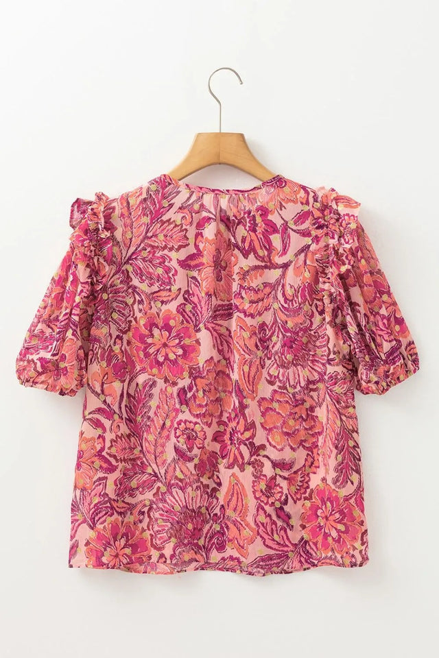 Floral Print Ruffled Puff Short Sleeve Blouse.