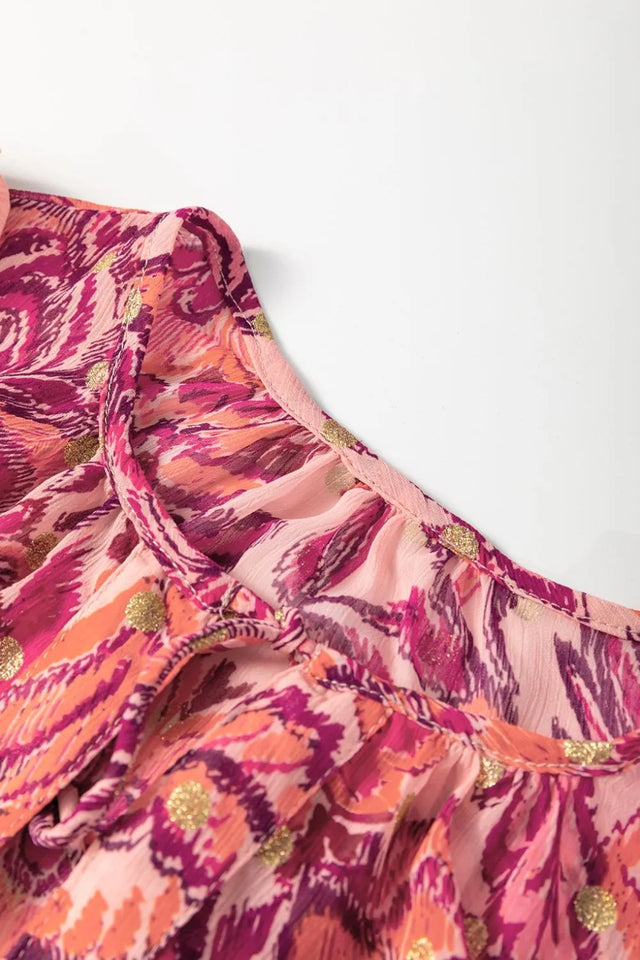 Floral Print Ruffled Puff Short Sleeve Blouse.