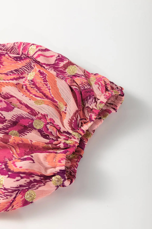 Floral Print Ruffled Puff Short Sleeve Blouse.