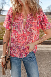 Floral Print Ruffled Puff Short Sleeve Blouse.