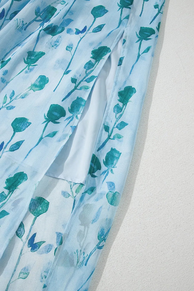 Floral Print Ruffled Side Slit Tube Top Maxi Dress.