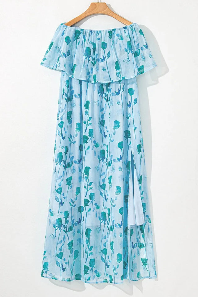 Floral Print Ruffled Side Slit Tube Top Maxi Dress.