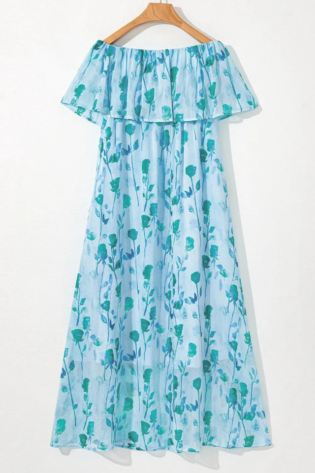 Floral Print Ruffled Side Slit Tube Top Maxi Dress.