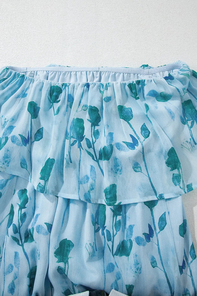 Floral Print Ruffled Side Slit Tube Top Maxi Dress.