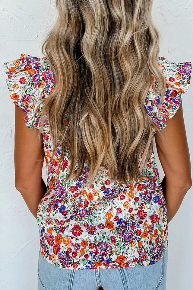 Floral print ruffled square neck tank top.