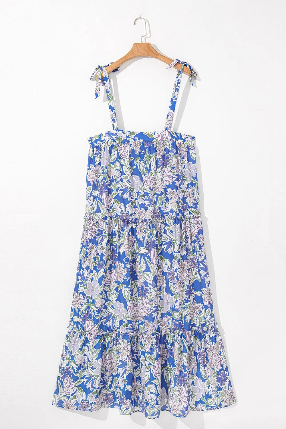 Floral Print Self-tie Straps Flowy Ruffle Dress.