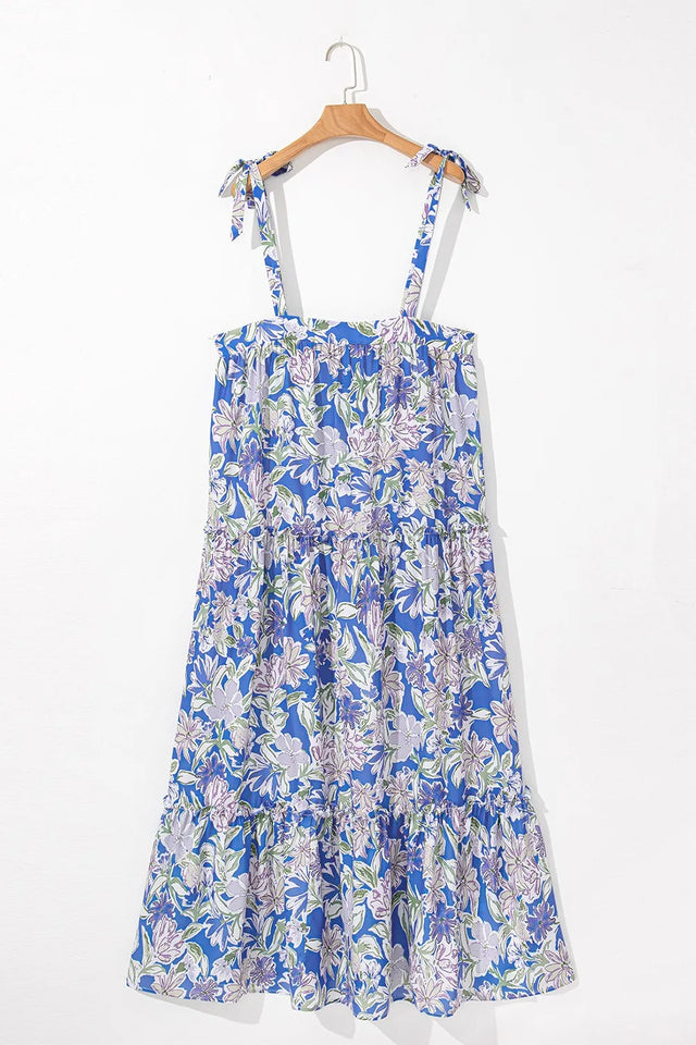 Floral Print Self-tie Straps Flowy Ruffle Dress.