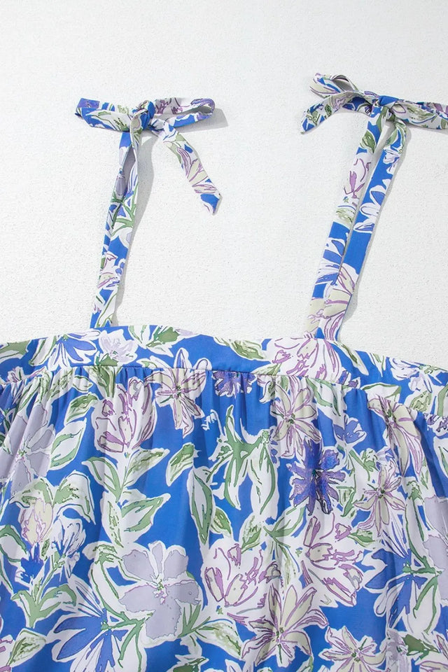 Floral Print Self-tie Straps Flowy Ruffle Dress.