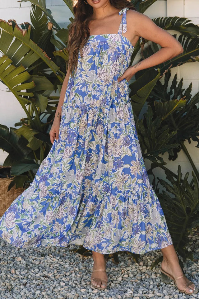 Floral Print Self-tie Straps Flowy Ruffle Dress.