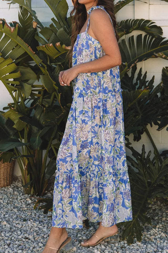 Floral Print Self-tie Straps Flowy Ruffle Dress.