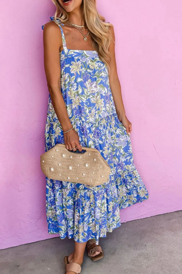 Floral Print Self-tie Straps Flowy Ruffle Dress.