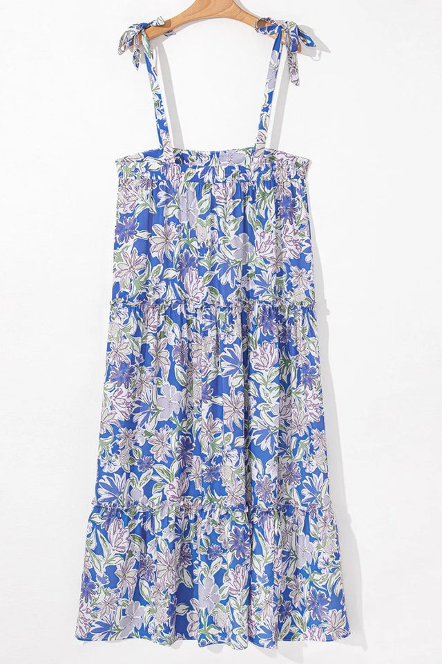 Floral Print Self-tie Straps Flowy Ruffle Dress.