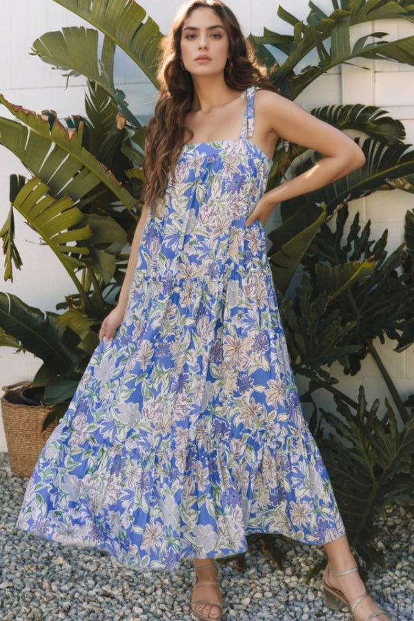 Floral Print Self-tie Straps Flowy Ruffle Dress.