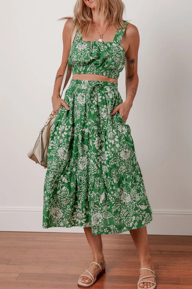 Floral Print Shirred Crop Top and Midi Skirt Set.
