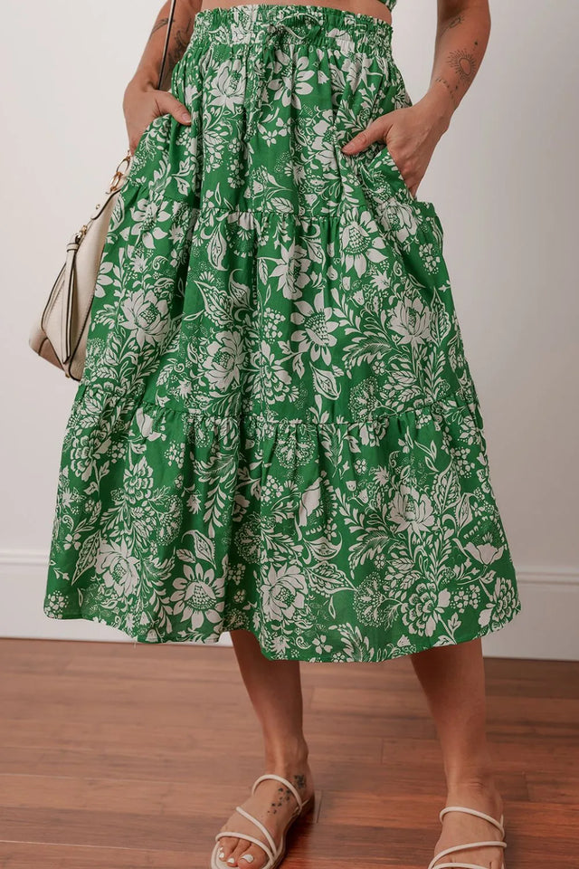 Floral Print Shirred Crop Top and Midi Skirt Set.