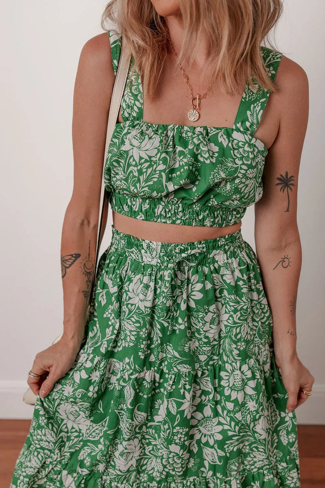 Floral Print Shirred Crop Top and Midi Skirt Set.