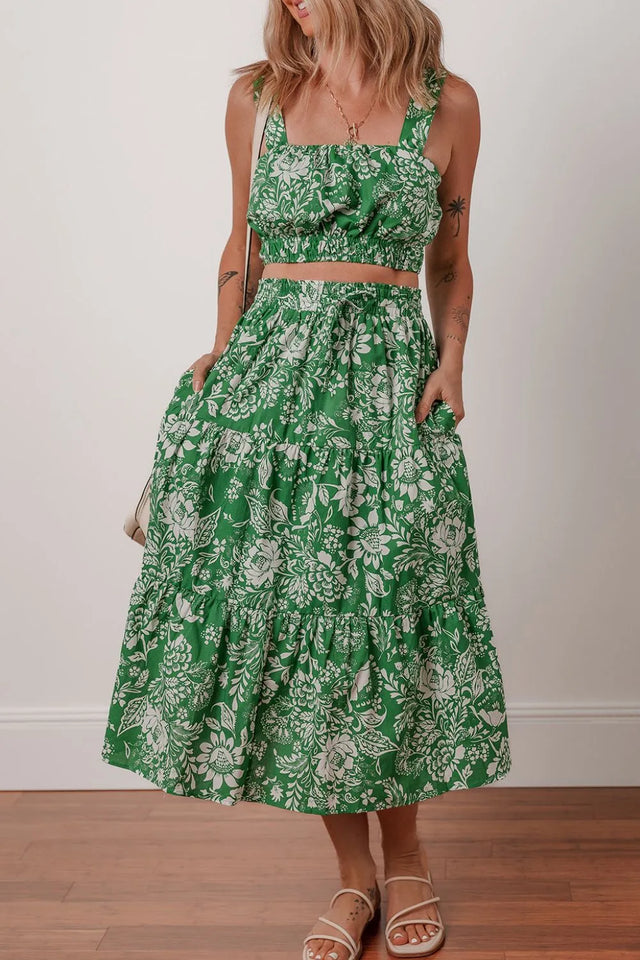 Floral Print Shirred Crop Top and Midi Skirt Set.