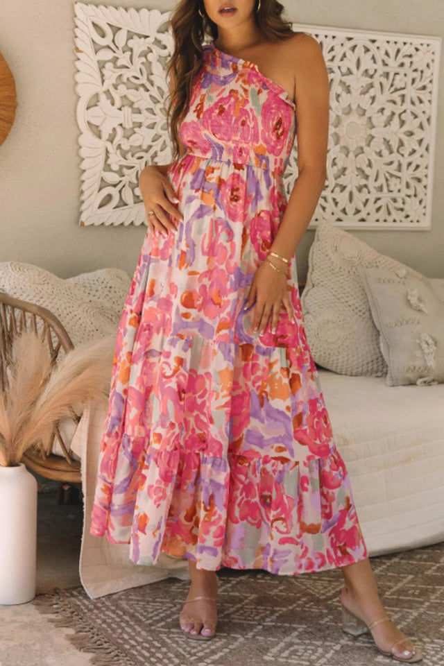 Floral Print Shirred One Shoulder Maxi Dress.