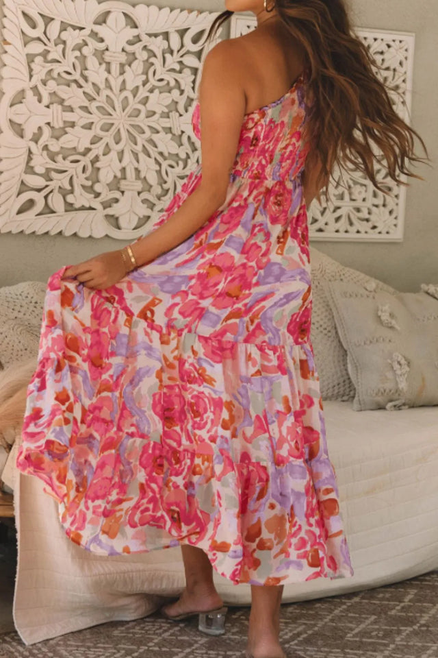 Floral Print Shirred One Shoulder Maxi Dress.