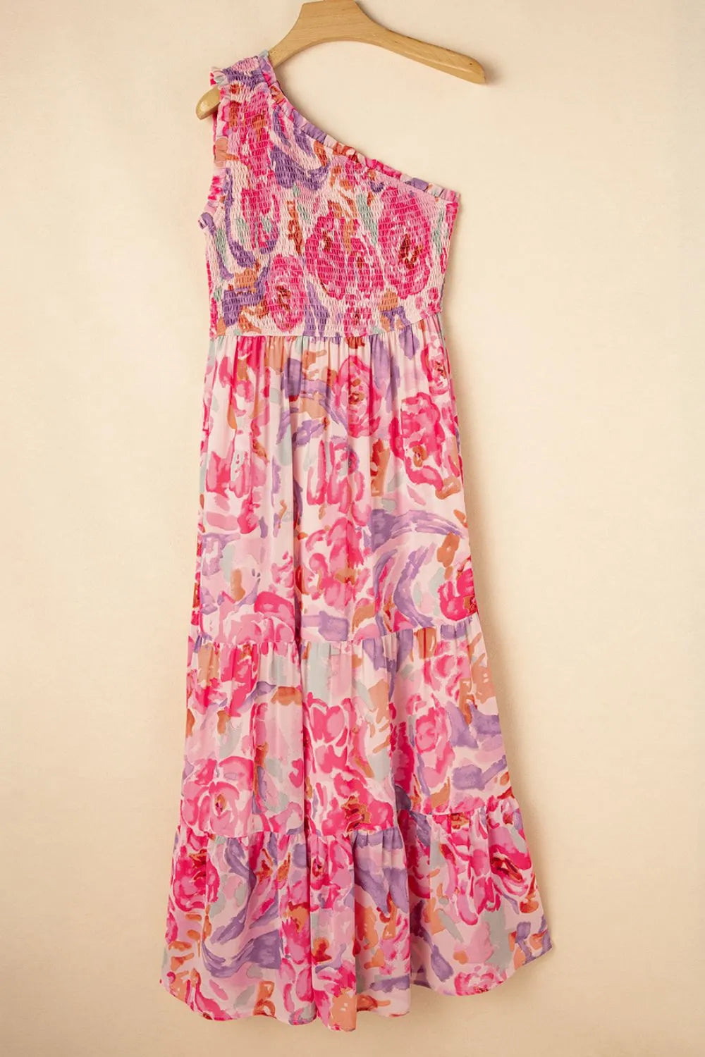 Floral Print Shirred One Shoulder Maxi Dress.