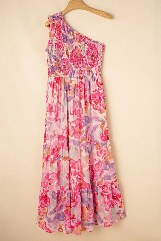 Floral Print Shirred One Shoulder Maxi Dress.