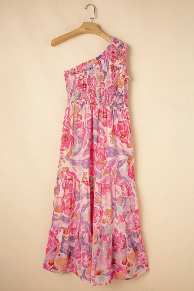 Floral Print Shirred One Shoulder Maxi Dress.