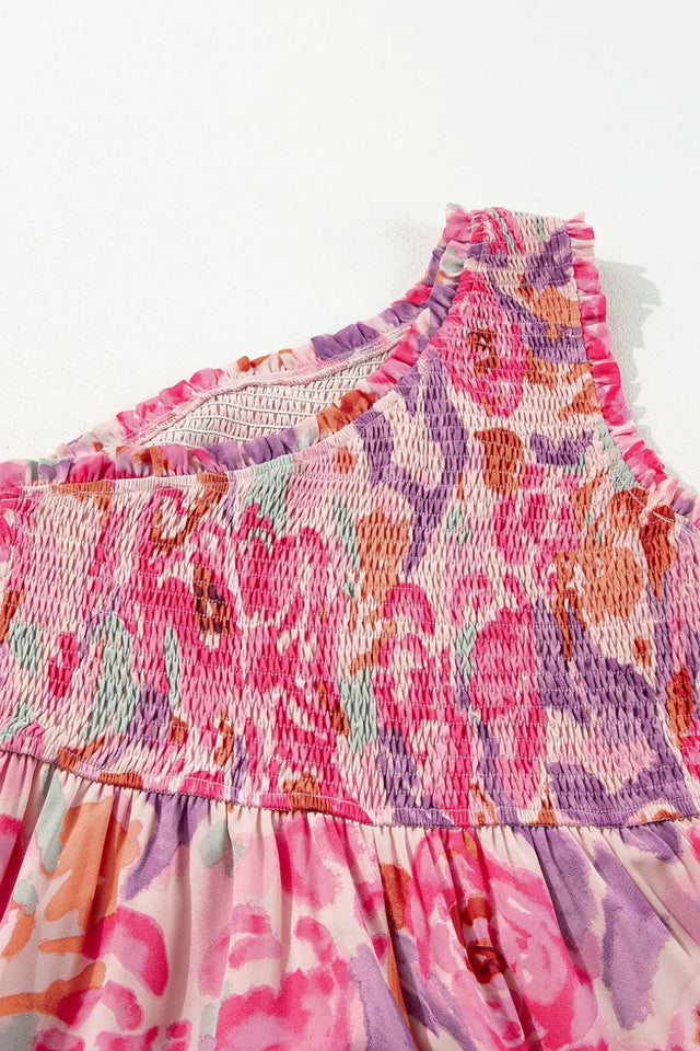 Floral Print Shirred One Shoulder Maxi Dress.