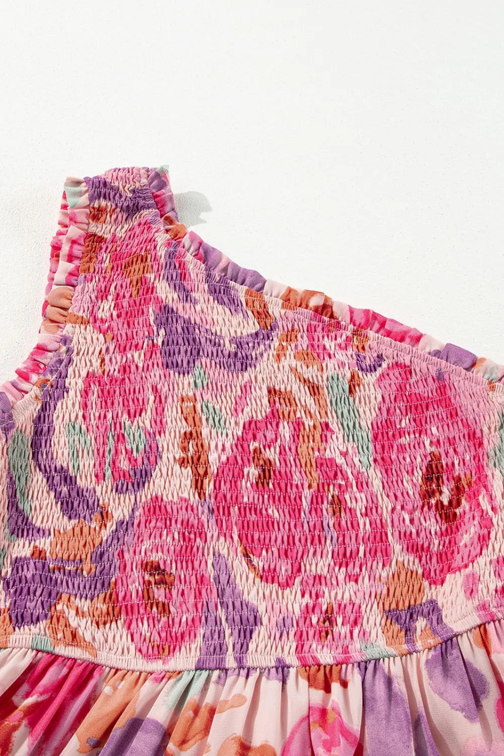 Floral Print Shirred One Shoulder Maxi Dress.