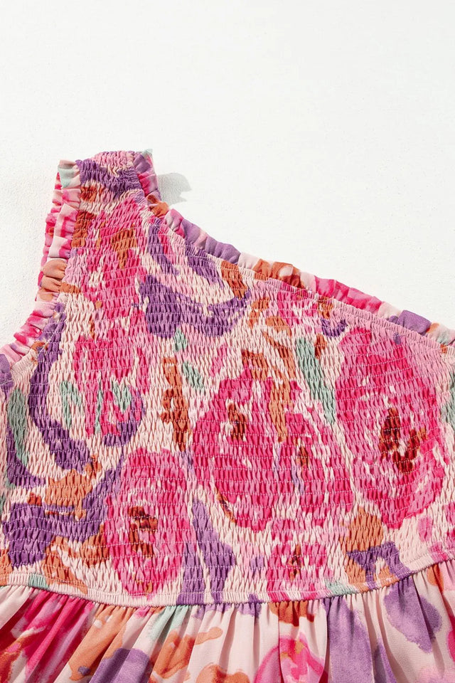 Floral Print Shirred One Shoulder Maxi Dress.
