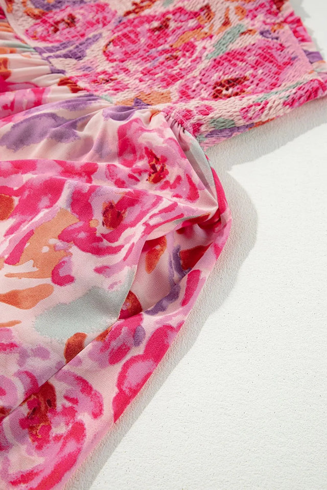 Floral Print Shirred One Shoulder Maxi Dress.