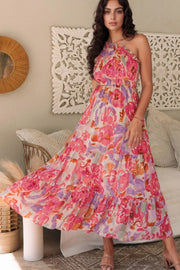 Floral Print Shirred One Shoulder Maxi Dress.