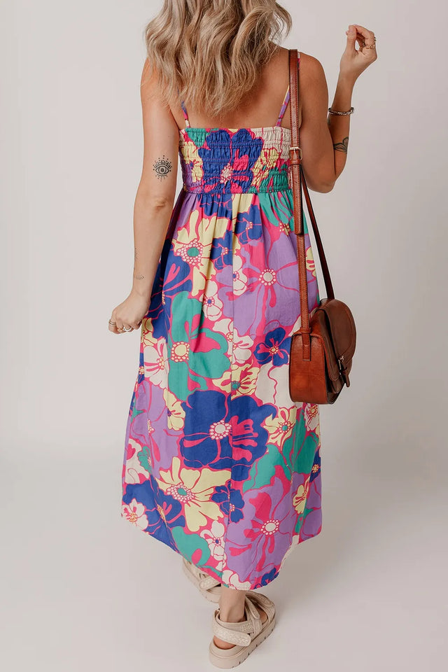 Floral Print Shirred Spaghetti Strap Loose Maxi Dress.