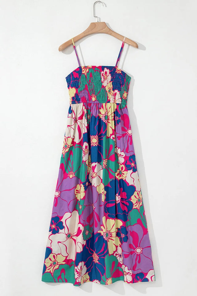 Floral Print Shirred Spaghetti Strap Loose Maxi Dress.