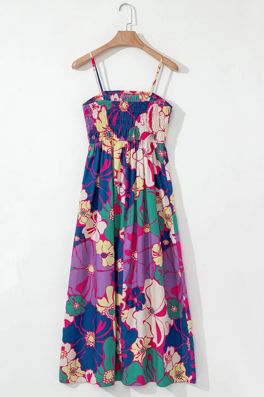 Floral Print Shirred Spaghetti Strap Loose Maxi Dress.
