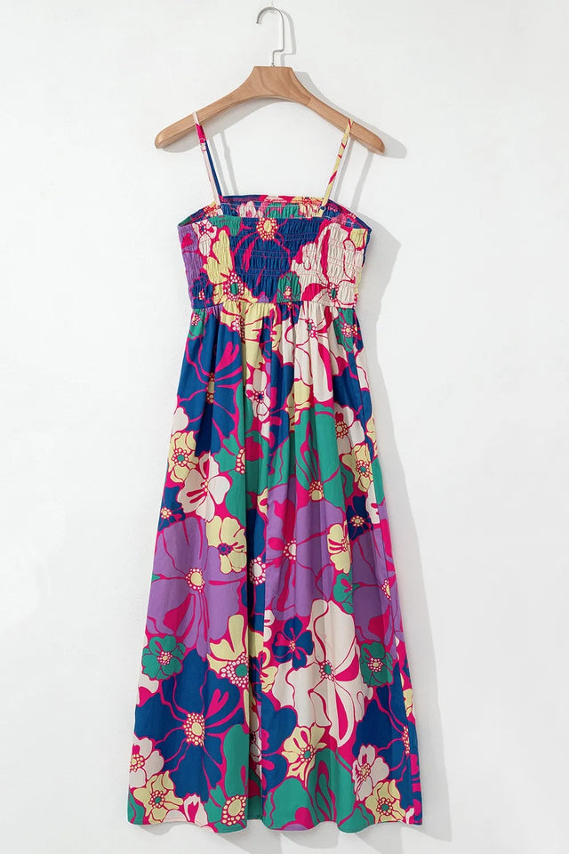 Floral Print Shirred Spaghetti Strap Loose Maxi Dress.