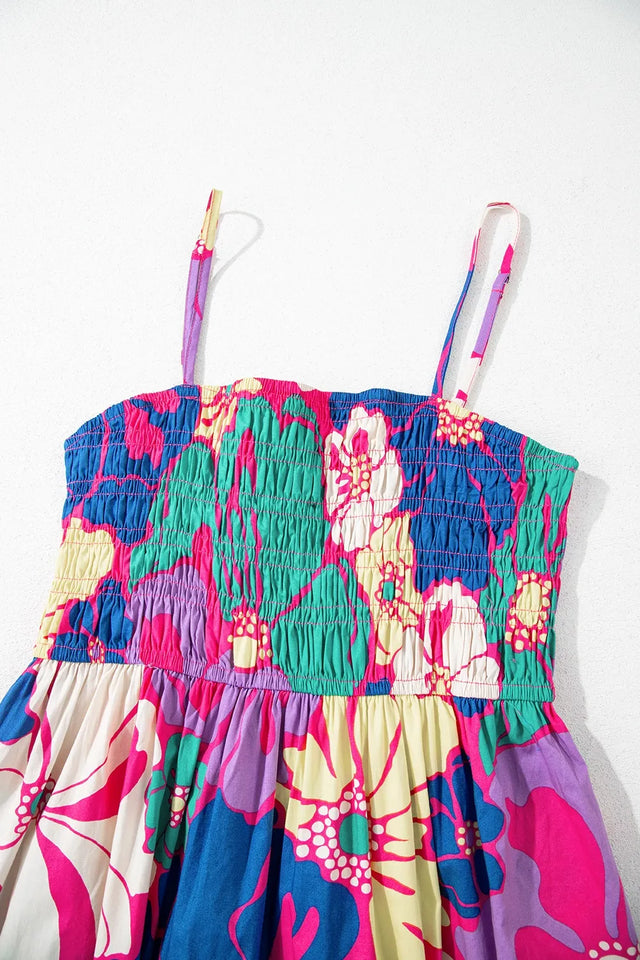 Floral Print Shirred Spaghetti Strap Loose Maxi Dress.