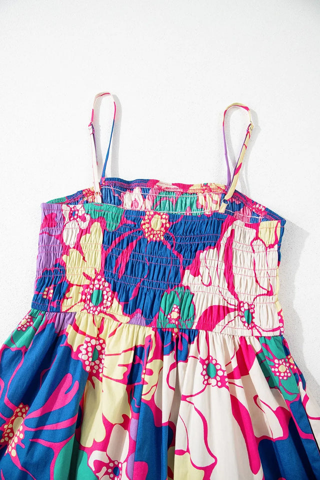 Floral Print Shirred Spaghetti Strap Loose Maxi Dress.