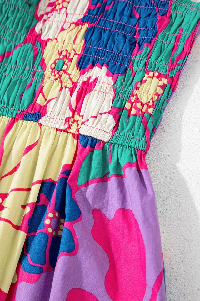 Floral Print Shirred Spaghetti Strap Loose Maxi Dress.