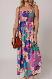 Floral Print Shirred Spaghetti Strap Loose Maxi Dress.