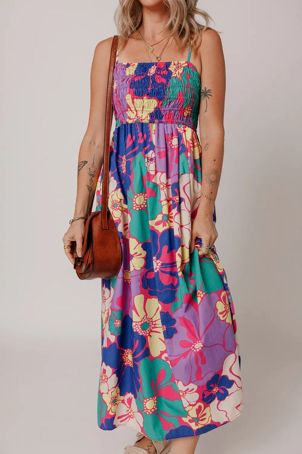 Floral Print Shirred Spaghetti Strap Loose Maxi Dress.