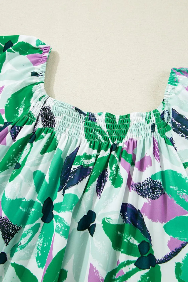 Floral Print Shirred Square Neck Loose Fit Mini Dress.