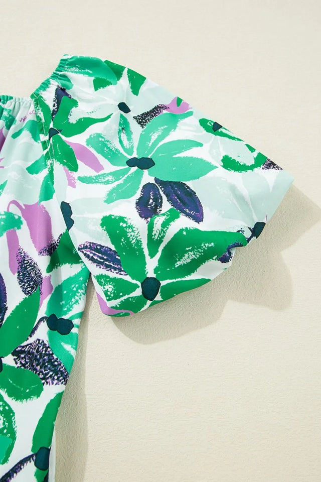 Floral Print Shirred Square Neck Loose Fit Mini Dress.