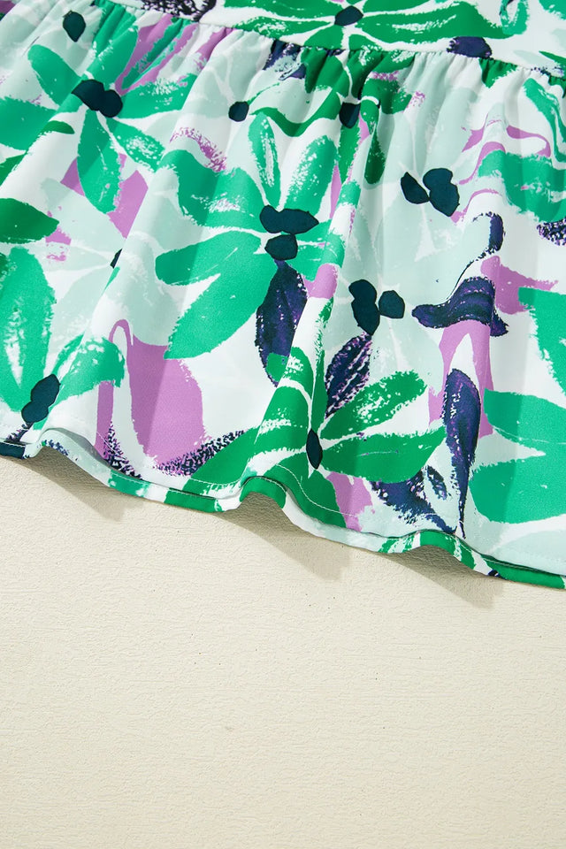 Floral Print Shirred Square Neck Loose Fit Mini Dress.