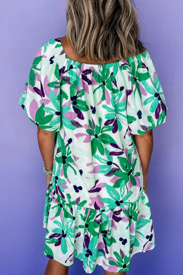 Floral Print Shirred Square Neck Loose Fit Mini Dress.
