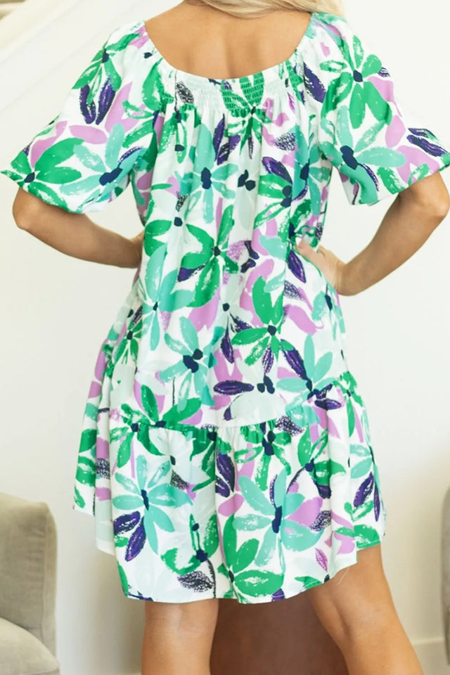 Floral Print Shirred Square Neck Loose Fit Mini Dress.
