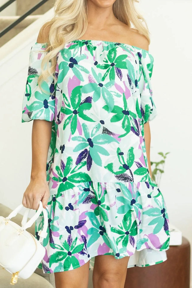 Floral Print Shirred Square Neck Loose Fit Mini Dress.