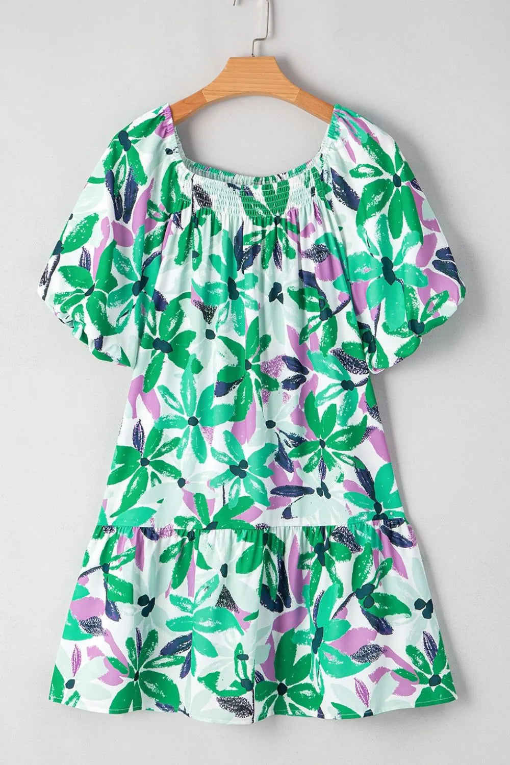 Floral Print Shirred Square Neck Loose Fit Mini Dress.
