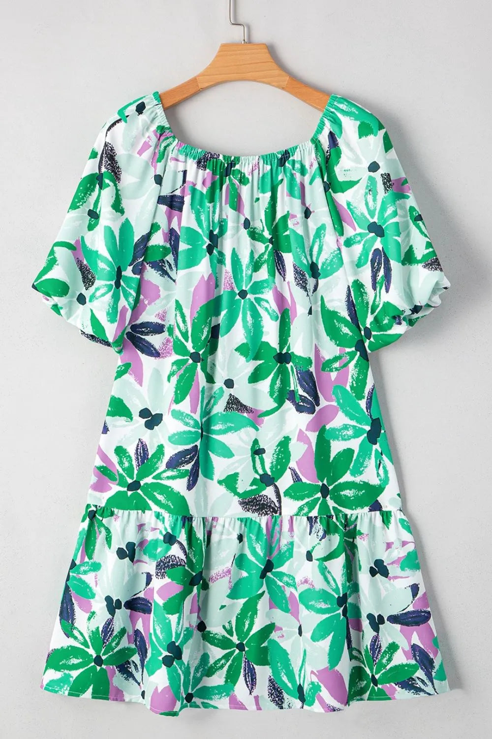 Floral Print Shirred Square Neck Loose Fit Mini Dress.