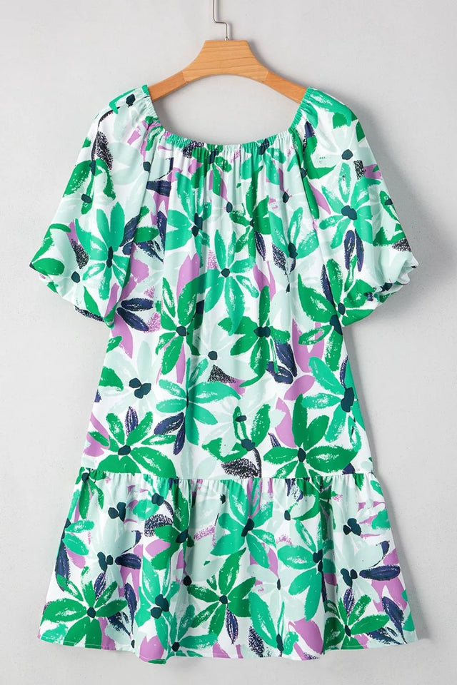 Floral Print Shirred Square Neck Loose Fit Mini Dress.