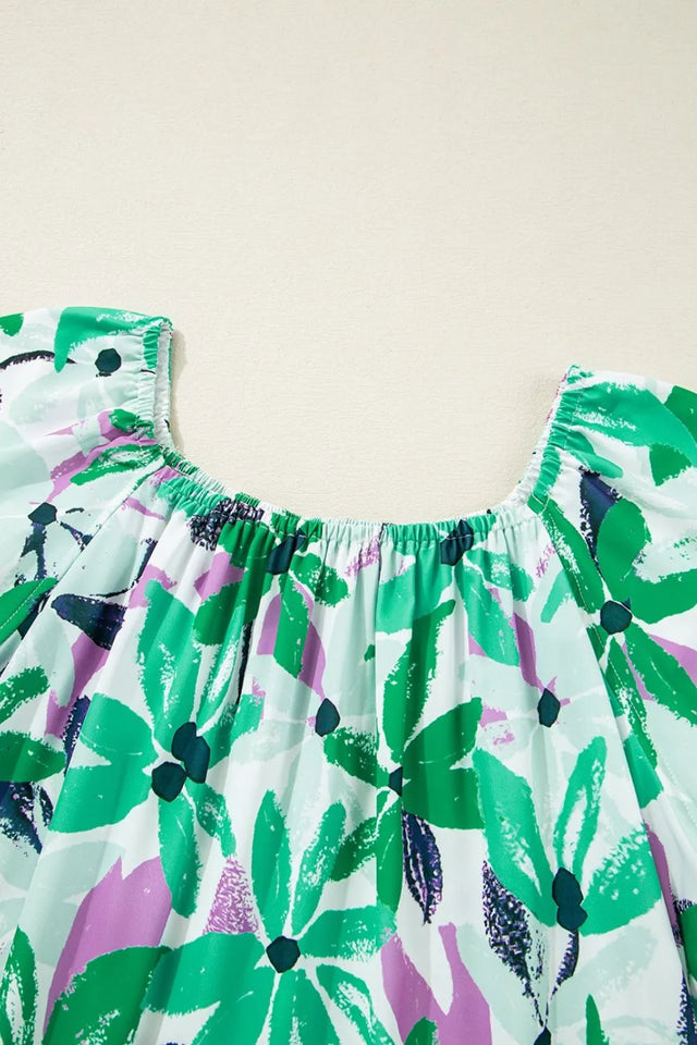 Floral Print Shirred Square Neck Loose Fit Mini Dress.